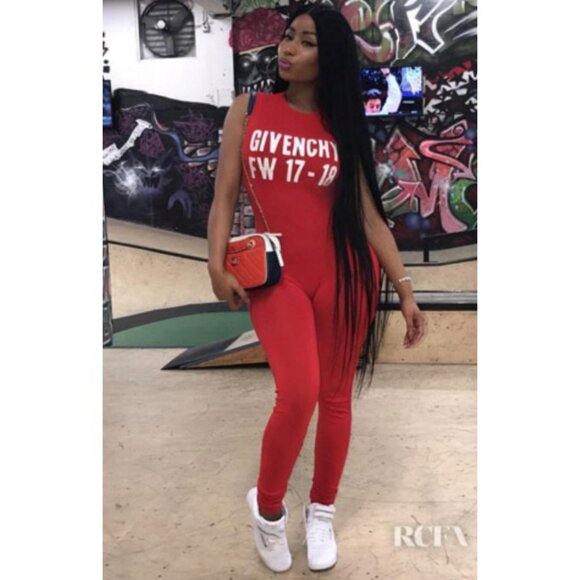 PREOWNED GIVENCHY FALL 2017 RED WHITE LOGO PRINT CELEBRITY-OWNED BODYSUIT SZ SM - Picture 1 of 12